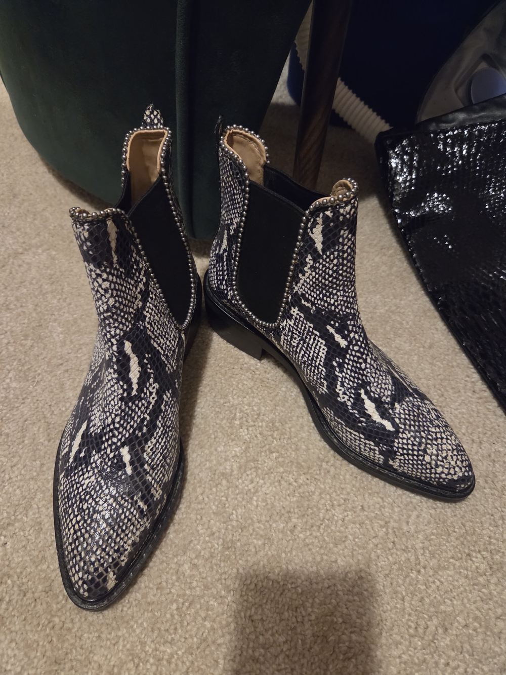 Snake-Print Chelsea Ankle Boots in Black and Cream